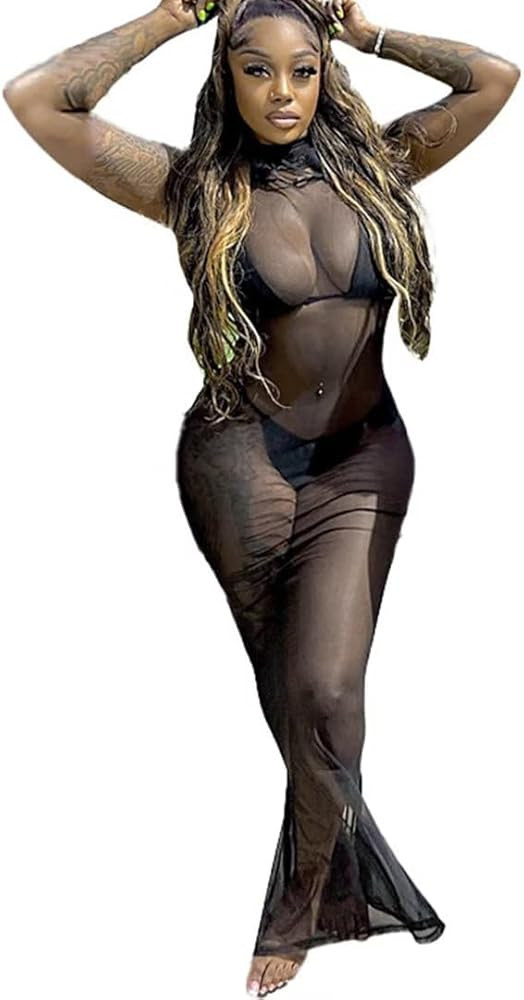 3 Piece Swimsuit Bathing Suit for Women Sexy Halter Bikini Sets with Sleeveless Sheer Mesh Maxi C... | Amazon (US)