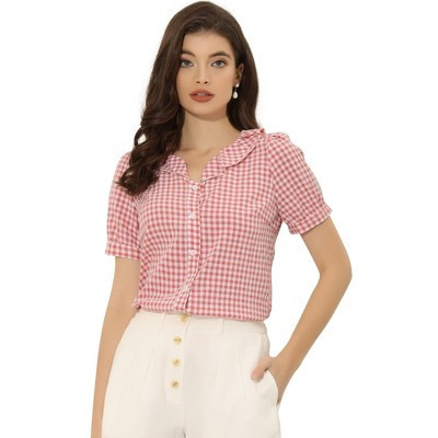 INSPIRE CHIC Women's Plaid Gingham Puff Sleeve Ruffle Peter Pan Collar Shirt Pink Medium | Target