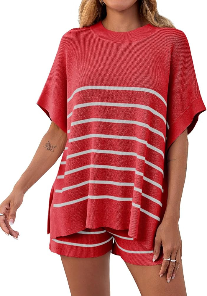 Fisoew Women's Striped 2 Piece Outfits Oversized Batwing Short Sleeve Tops High Waisted Shorts Su... | Amazon (US)