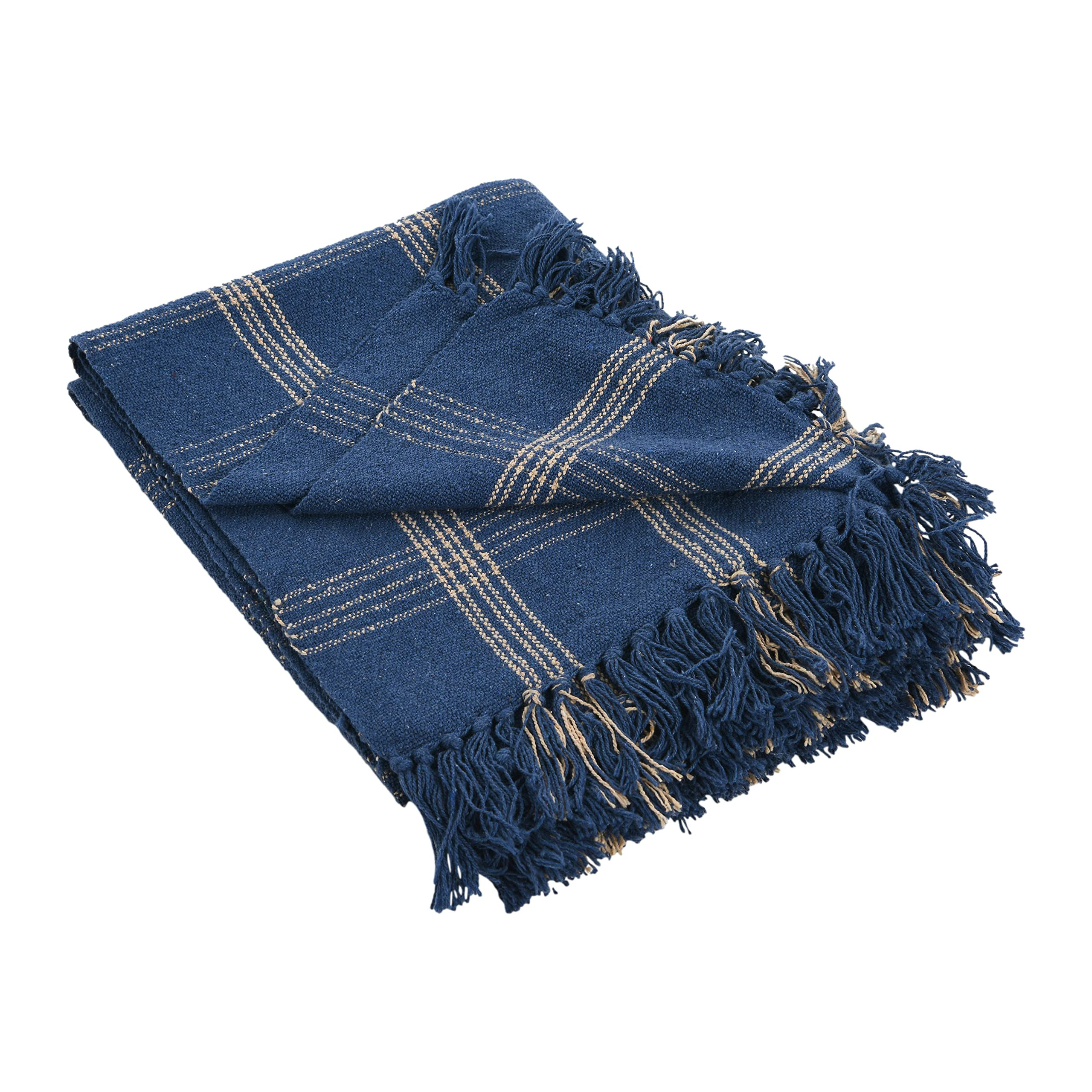 Creative Co-Op Recycled Cotton Blend Throw Blanket with Fringe, Blue Plaid | Amazon (US)