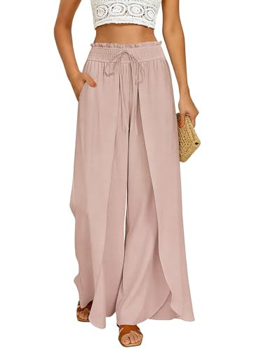 GRACE KARIN Women's Summer Split Wide Leg Pants High Waist Palazzo Flowy Beach Pants Boho Lounge Pants with Pockets Light Pink M | Amazon (US)