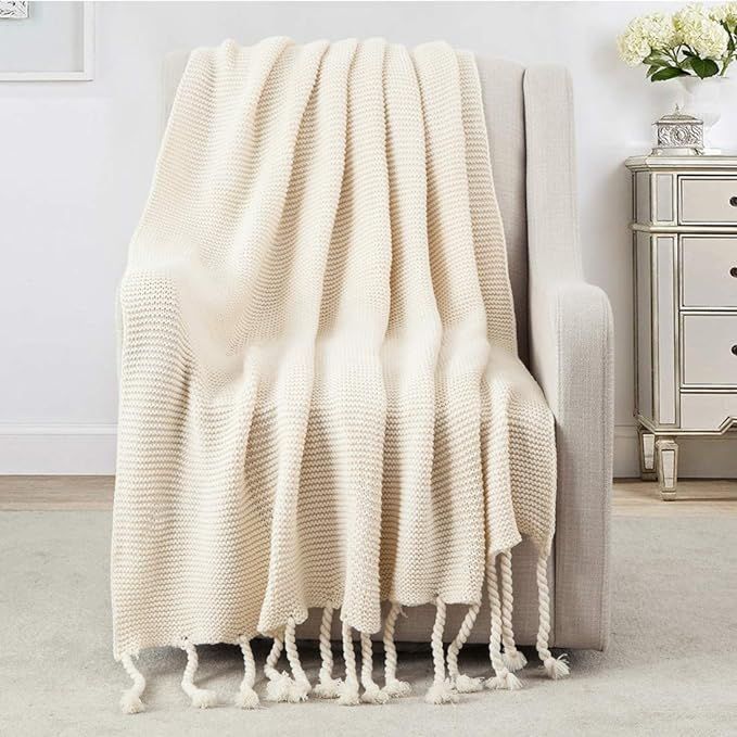 Revdomfly Beige Throw Blanket Knitted Throw Blanket with Fringe Tassels Warm Cozy Woven Blankets ... | Amazon (US)