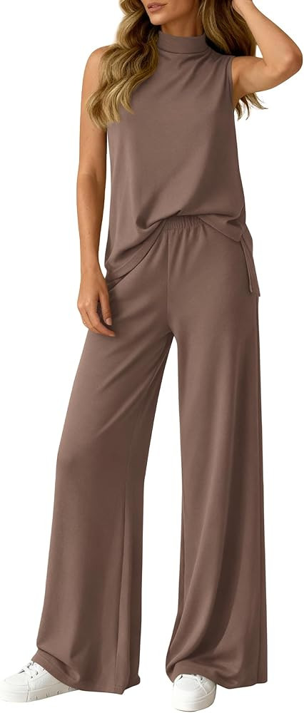 BTFBM Summer 2 Piece Lounge Sets For Women Sleeveless Mock Neck Top Wide Leg Pants Airport Travel... | Amazon (US)