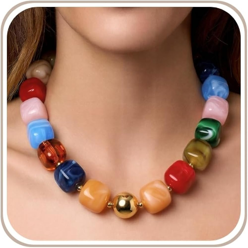 Chunky Necklaces for Women, Trendy Colorful Square Acrylic Resin Beads Statement Choker Necklace, Lightweight Boho Summer Beach Vacation Jewelry | Amazon (US)