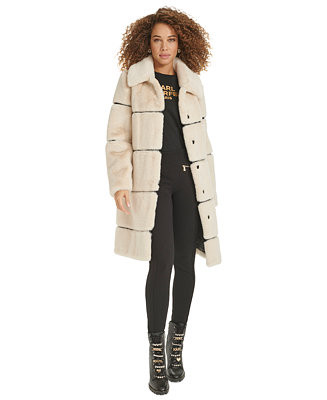 KARL LAGERFELD PARIS Womens Faux-Leather Trim Faux-Fur Coat - Macy's | Macy's