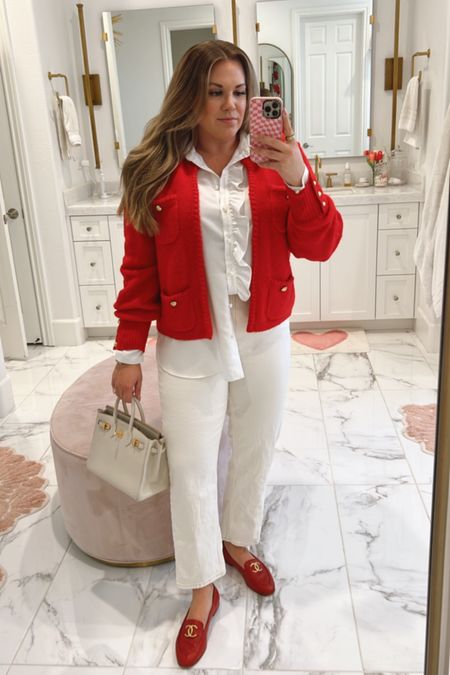 curvy red and white outfit! wearing size large in red cardigan, size 12 in pearl blouse, and size 32 in cream denim. red loafers are Chanel and bag is Hermes Birkin 25 

#LTKSeasonal #LTKcurves #LTKunder100