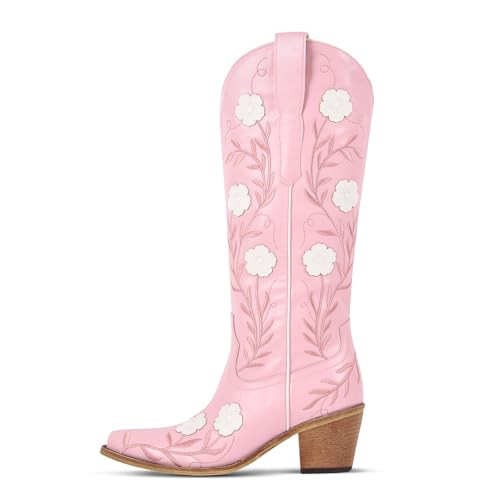 sexytag Pink Cowboy Boots for Women Cute Embroidery Floral Cowgirl Boots Wide Calf Pointed Toe Pull-On Fashion Mid Calf Western Boot for Wedding Rodeo Festivals Pink Size 9.5 | Amazon (US)