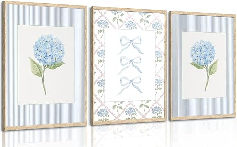 Blue Hydrangea Canvas Wall Art Trendy Watercolor Bow Coquette Paintings Pictures Wall Decor Coast... | Amazon (US)