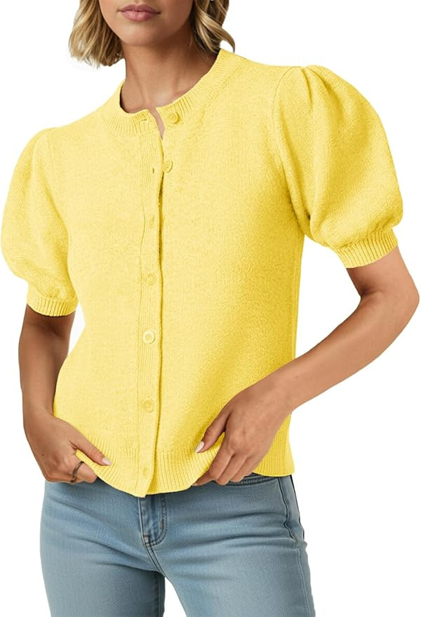 Saodimallsu Womens Puff Short Sleeve Cardigans Casual Summer Button Down Lightweight Knit Crew Ne... | Amazon (US)