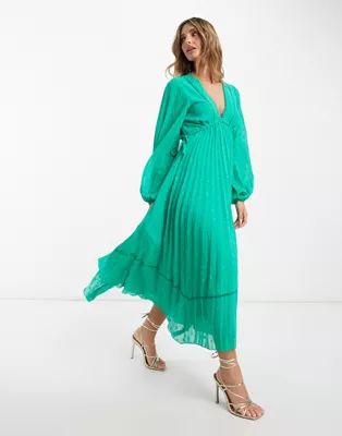 ASOS DESIGN v front trim detail pleated textured midi dress with hanky hem in emerald green | ASOS (Global)