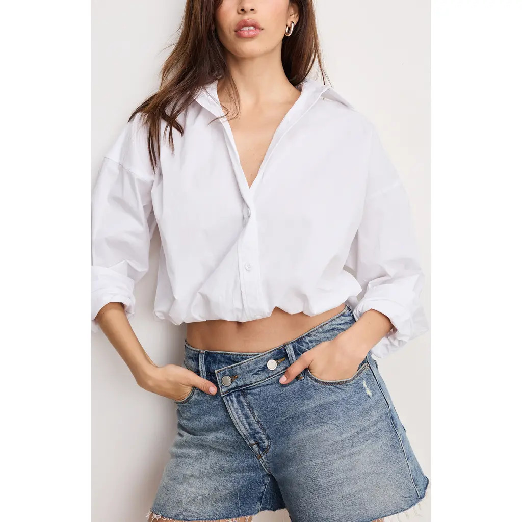 Good American Bubble Hem Crop Poplin Button-Up Shirt in White001 at Nordstrom Rack, Size Medium | Nordstrom Rack