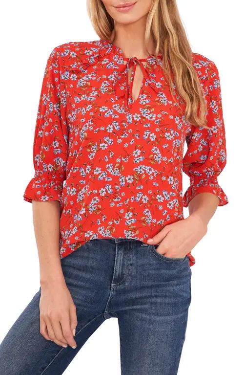 CeCe Floral Print Tie Neck Blouse in Poppy Red at Nordstrom, Size X-Small | Nordstrom
