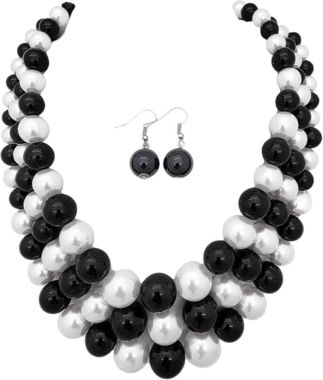 Women's Simulated Faux Three Multi-Strand Pearl Statement Necklace and Earrings Set | Amazon (US)