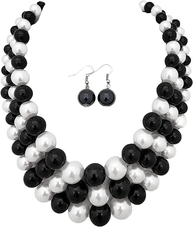 Women's Simulated Faux Three Multi-Strand Pearl Statement Necklace and Earrings Set | Amazon (US)