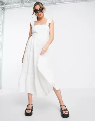 New Look - Midi jurk met stroken, gestrikte achterkant en ruches in wit | ASOS (Global)