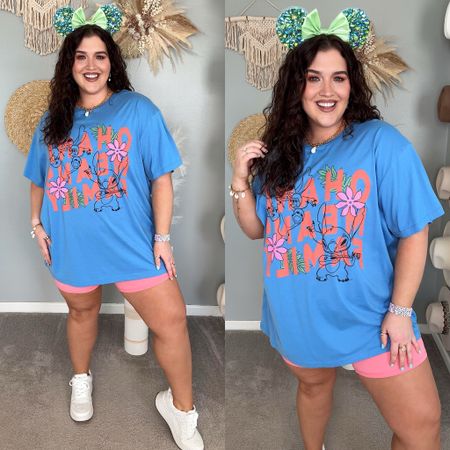 Disney themed amusement park outfits 🏰🐭🎆 Oversized graphic tee + biker shorts. Spring/Summer colorful outfits, curvy approved. 
Graphic tee: 3X (size up for oversized)
Shorts: XL
Mickey ears custom from a small business on Etsy. Exact styles are sold out, linking similar options from seller
#disneyoutfits 

#LTKplussize #LTKActive #LTKstyletip