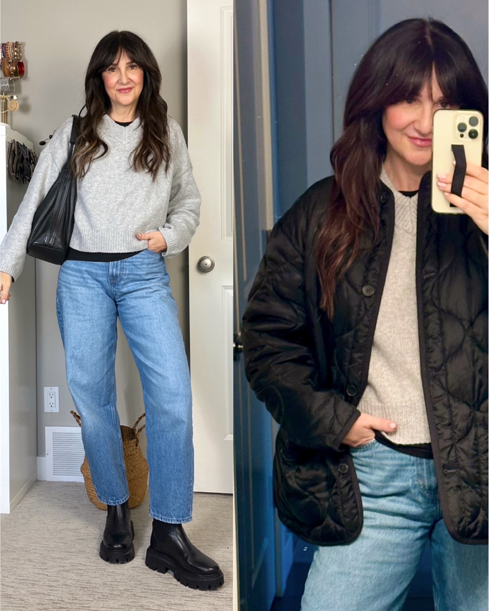 Indoor and outdoor version of today’s outfit!
My v-neck sweater is on major sale! I’m wearing my usual size S. Tee and jeans also fit tts. My quilted jacket and Chelsea boots are old, I’ve linked similar 


#LTKFindsUnder50 #LTKStyleTip