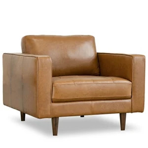 Pemberly Row Mid-Century Pillow Back Genuine Leather Upholstered Armchair in Tan | Cymax