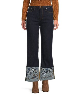 Driftwood Charlee Stretch Denim Embroidered Paisley Print Cuffed Wide Leg Jeans | Dillard's | Dillard's