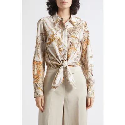 Reiss Cece Safari Print Tie Front Cotton Hidden Placket Shirt in Neutral at Nordstrom, Size 2 Us | Nordstrom