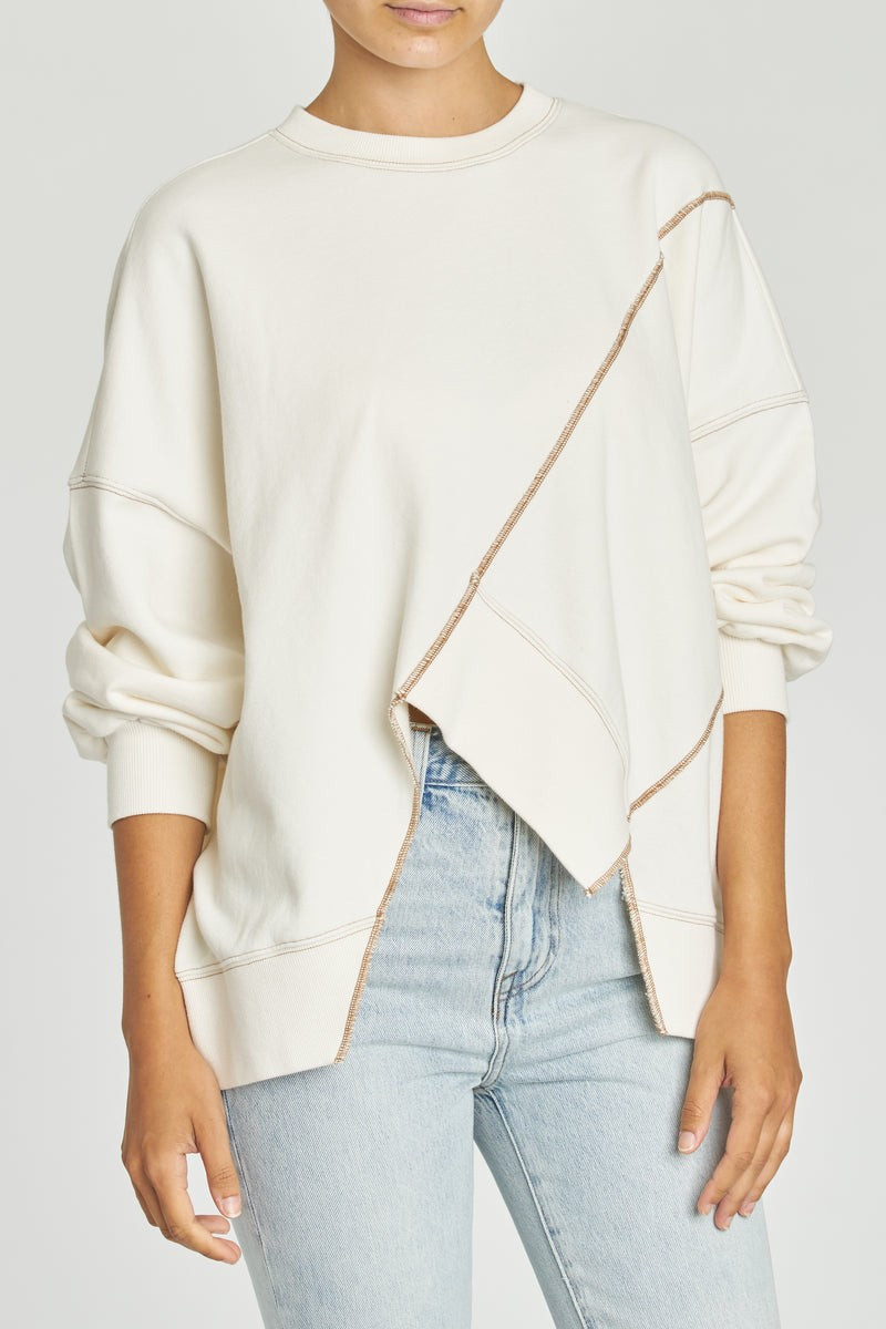 Sarah Uneven Hem Sweatshirt - Ecru Contrast Stitch | Pistola Denim