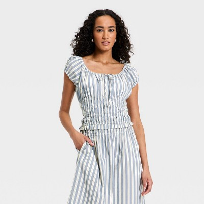 Women's Puff Short Sleeve Off the Shoulder Blouse - Universal Thread™ Blue Striped XS | Target