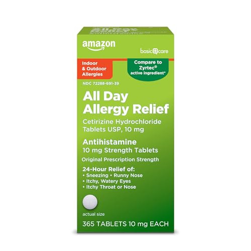 Amazon Basic Care All Day Allergy, Cetirizine Hydrochloride Tablets, 10 mg, 24-Hour Relief for Sneezing, Runny Nose, Itchy Eyes & Throat, Indoor & Outdoor Allergy Relief, 365 Count | Amazon (US)