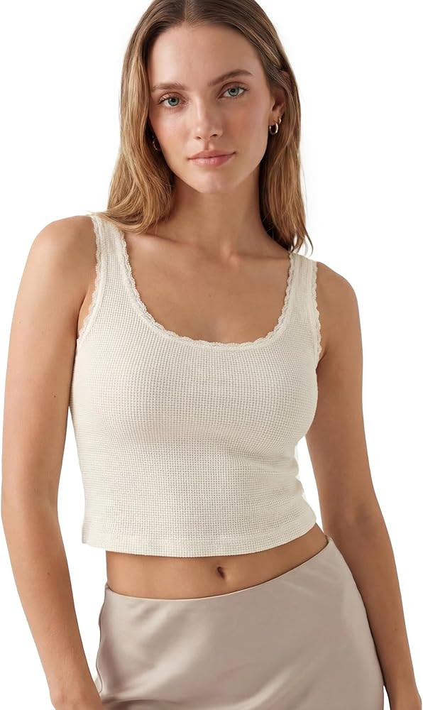 sissycos Women’s Cropped Waffle Knit Lace Trim Tank Top, Fitted Scoop Neck Bra Free Layered Tan... | Amazon (US)