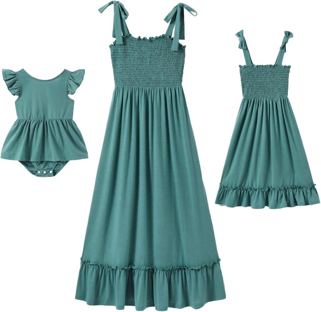 IFFEI Mommy and Me Dresses Summer Matching Outfits Spaghetti Strap Square Neck Ruffle A Line Beac... | Amazon (US)