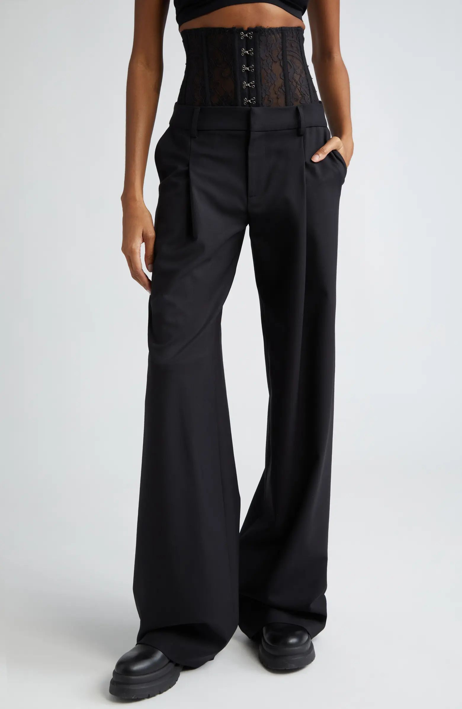Floral Lace Stretch Virgin Wool Bustier Wide Leg Trousers | Nordstrom