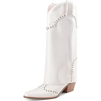 Women Shark Boots Fold Over Mid Calf Chunky Heel Snip Toe Cowboy Cowgirl Pull On Studded Boots fo... | Amazon (US)
