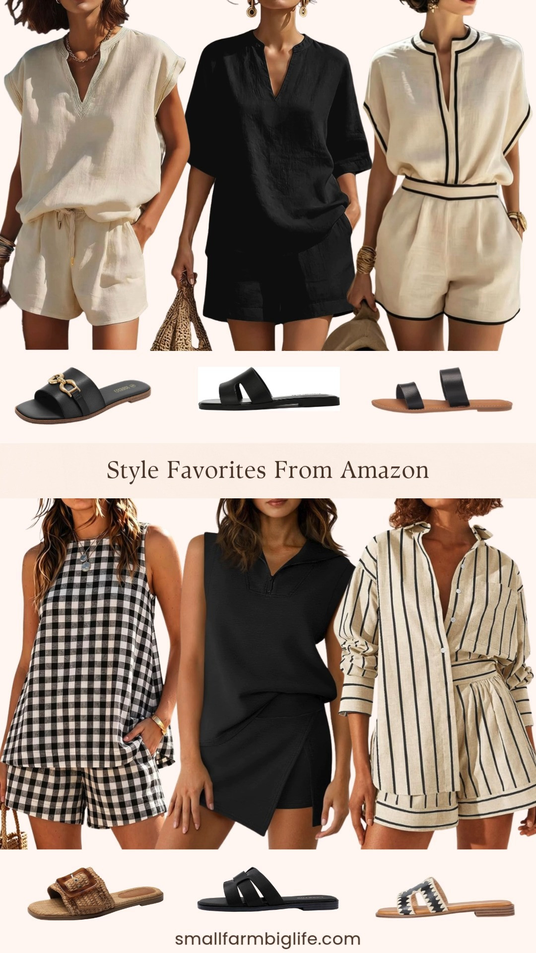 Amazon summer style favorites are here and this linen and matching set lineup is perfect for casual, warm weather days! I am loving the linen two piece sets in both black and cream, the oversized gingham set, the cap sleeve beach vacation set, the athletic skort sweatsuit set, and the striped button down matching set for easy, put together outfits. I also rounded up several flat slide sandals, including raffia woven, leather, and gold buckle styles, so you have the perfect pair for every fit. Shop it all right here on my LTK. 

 #LTKootd #LTKSeasonal #LTKOver40