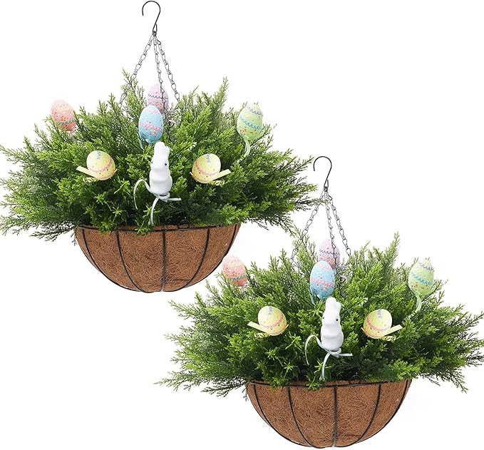 Artificial Easter Hanging Basket - 24 Cedar Branches, 12 Decorative Eggs & 2 Bunny - Easter Porch... | Amazon (US)