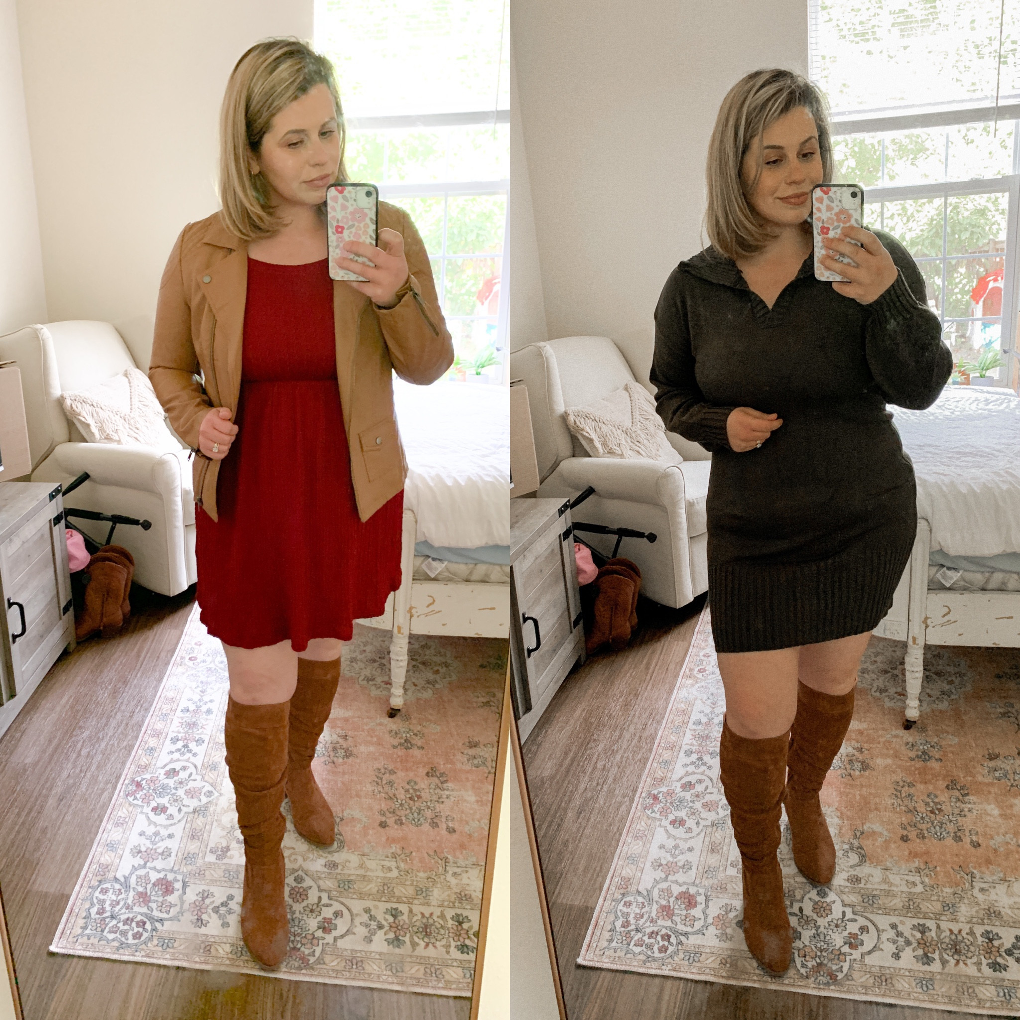 Knee high boots styled two ways: Amazon sweater dresses 
Fall sweater dress 
Red sweater dress
Green sweater dress 
Fall style 
Casual fall looks 

#LTKSeasonal #LTKunder50 #LTKstyletip