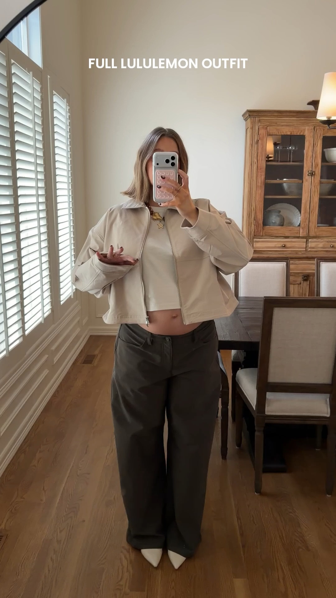 Size 10 in all lululemon tops, size 32 in EasyFive Pant (soft denim) low rise I went up 2 from my typical size for pregnancy. Love the fit they are slouchy and soft and so comfy!! 31” inseam. Tan jacket size L (sold out linked similar)

#ad #lululemoncreator @lululemon 