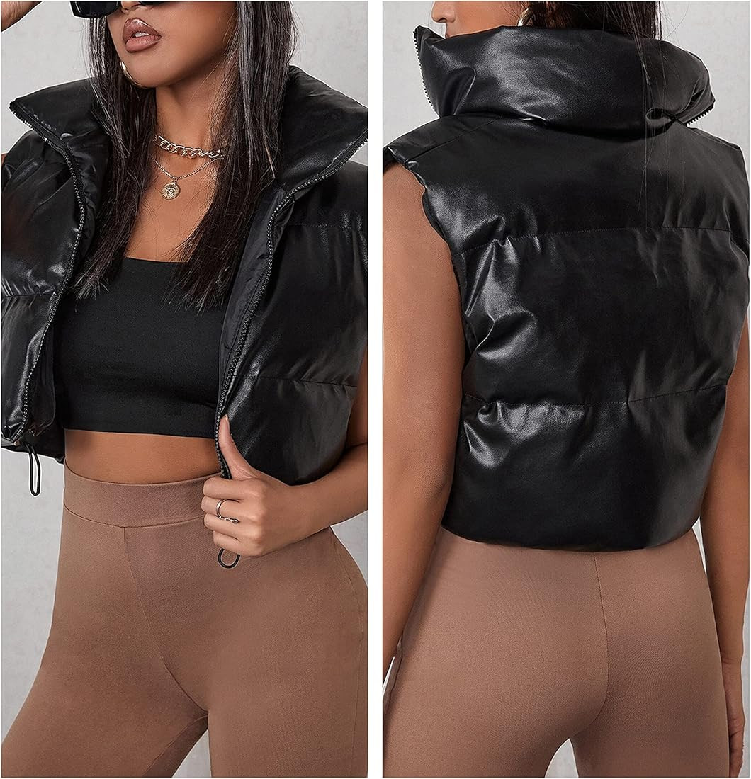 EsheSy Women's Leather Puffer Vest Black Quilted Sleeveless Cropped Padded Jacket (#2Black, XS) a... | Amazon (US)