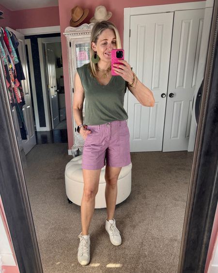 Cute spring outfit with lavender shorts. #springoutfit #summeroutfit #vacationoutfit #lavender #leatherearrings

Use code DOUSEDINPINK5 for $10 off at Nickel & Suede

#LTKover40 #LTKfindsunder100 #LTKSeasonal