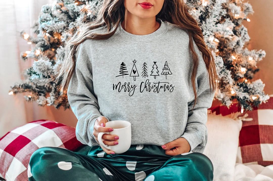 Merry Christmas Trees Sweatshirt, Christmas Sweatshirt, Holiday Sweater, Womens Holiday Sweatshir... | Etsy (US)