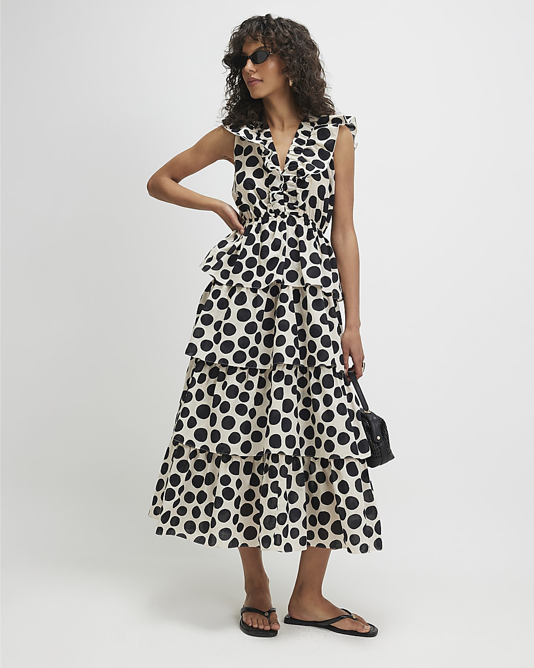 Cream Cotton Spot Print Ruffle Midi Dress | River Island UK & IE