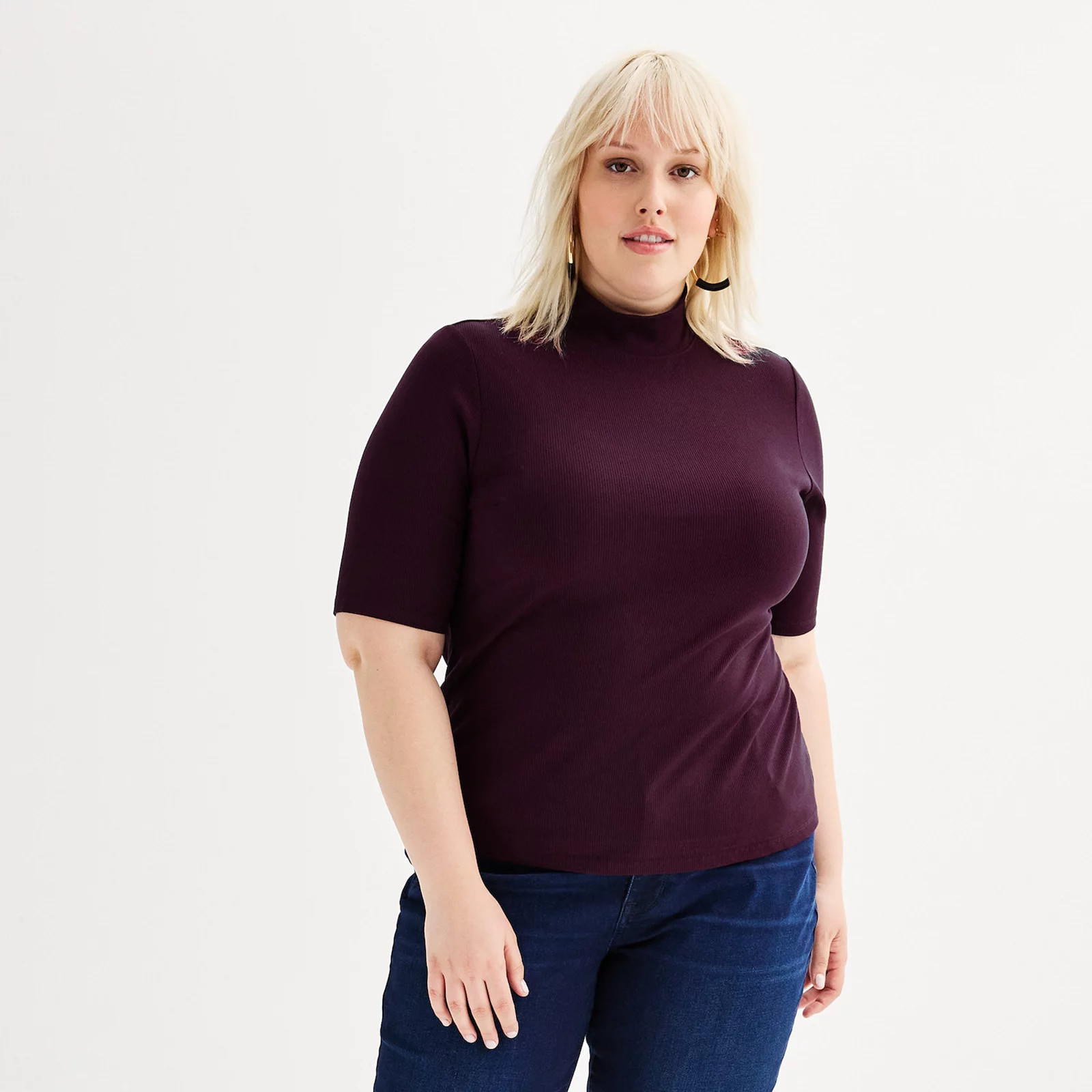 Plus Size Nine West Elbow Sleeve Fitted Mock Neck Top, Women's, Size: 2XL, Black Grape | Kohl's