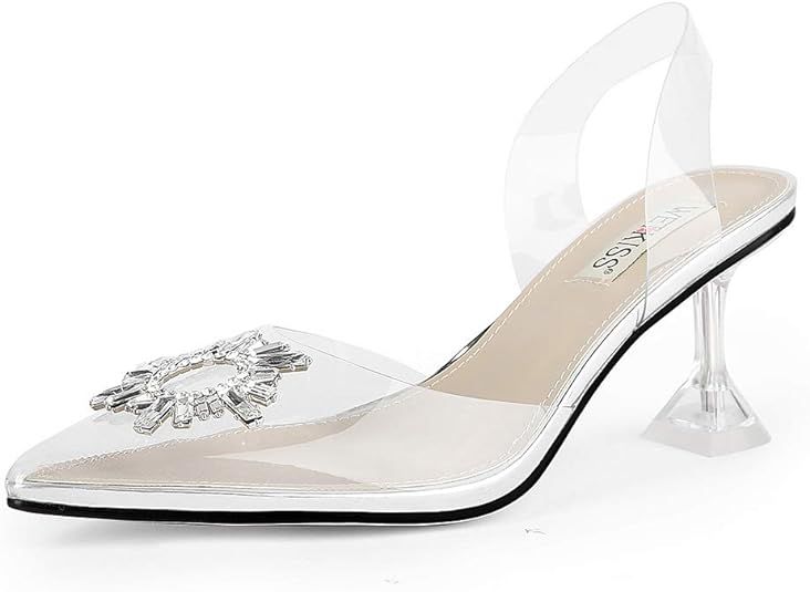 wetkiss Women's Clear Heels Shoes, Transparent PVC Crystal Rhinestones Slingback Wedding Pointed ... | Amazon (US)