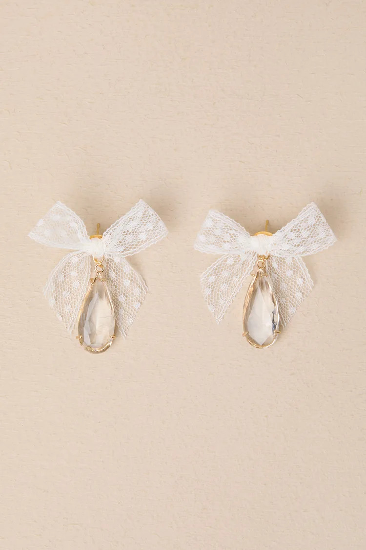 Successful Elegance White Tulle Bow Rhinestone Earrings | Lulus