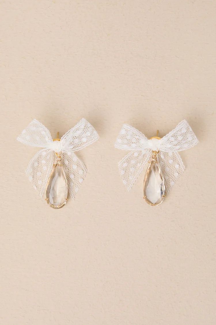 Successful Elegance White Tulle Bow Rhinestone Earrings | Lulus