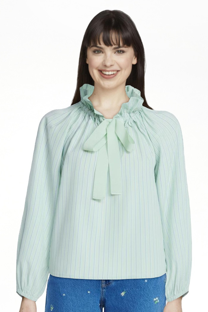 Free Assembly Women's Ruffle Tie Neck Cotton Top with Long Puff Sleeves, Sizes XS-XXL | Walmart (US)