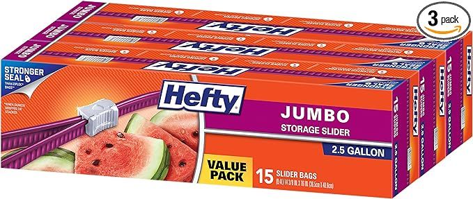 Hefty Slider Jumbo Storage Bags, 2.5 Gallon Size, 15 Count (Pack of 3), 45 Total | Amazon (US)