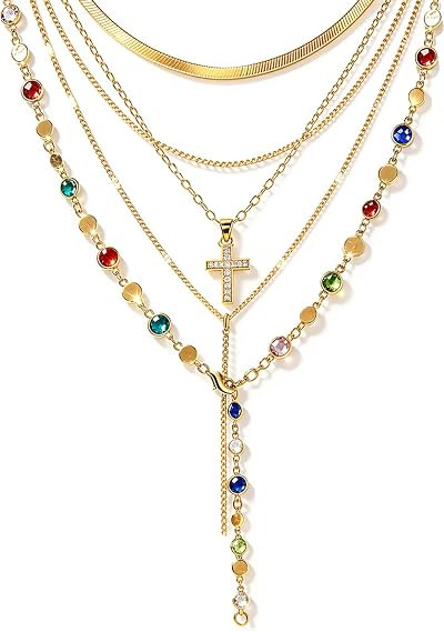 FAXHION 5PCS 14k Gold Plated Cross Necklaces for Women, Pendant Stacked Layered Diamond Y Long Bo... | Amazon (US)