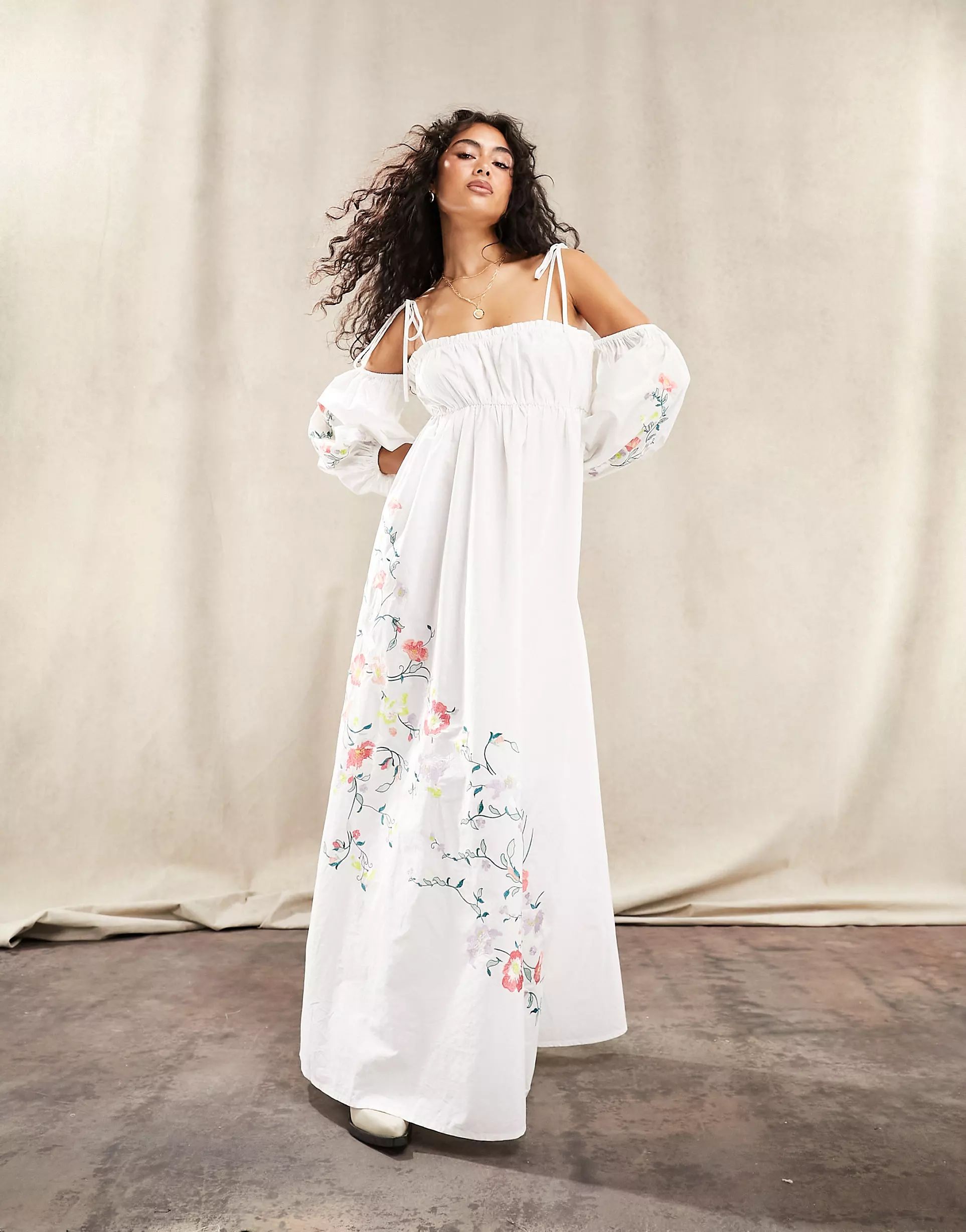 ASOS DESIGN embroidered off shoulder cotton maxi dress with ruched bust detail in white | ASOS (Global)