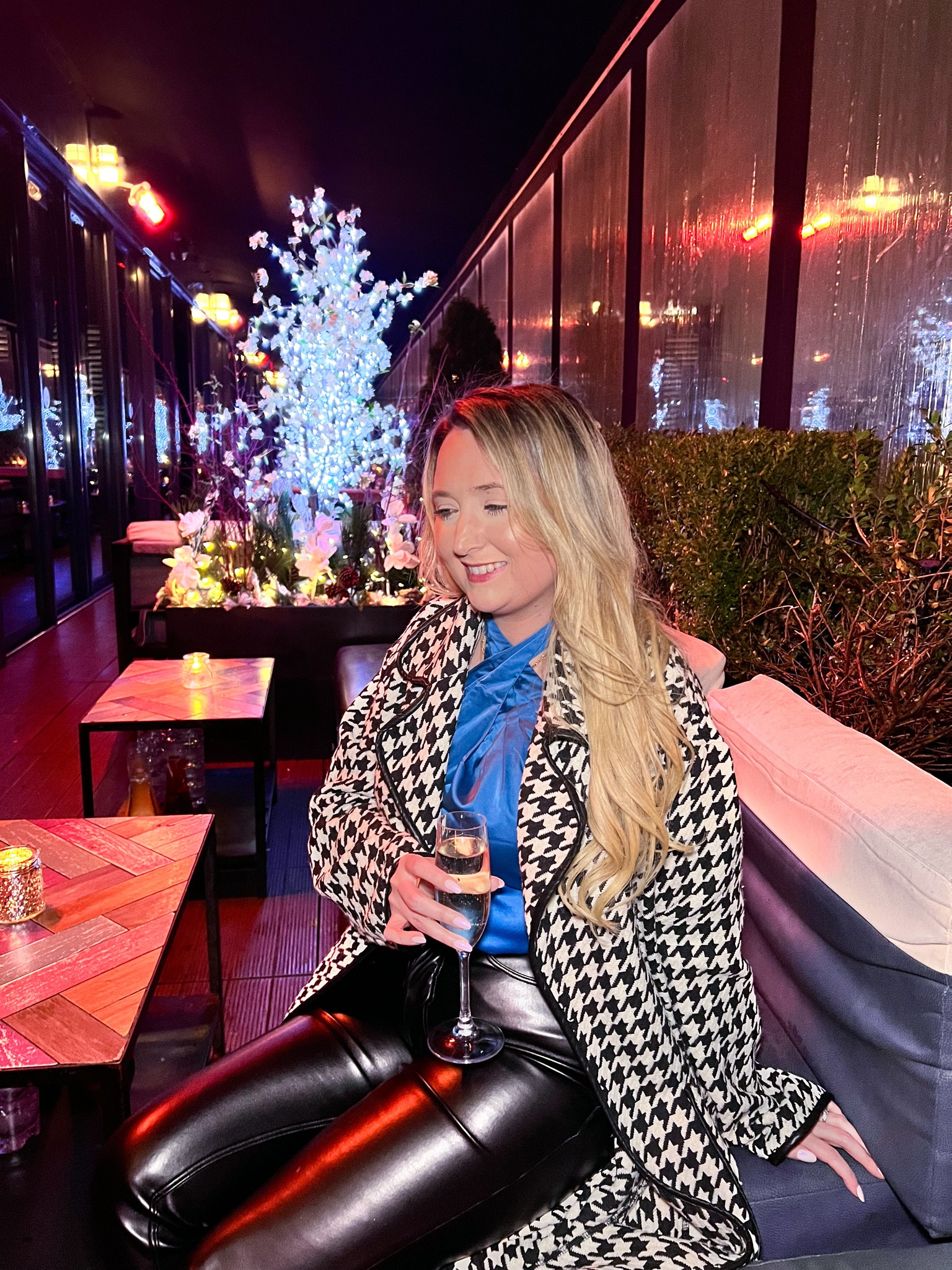 NYC outfit! Houndstooth coat (wearing small) Blue silk top (wearing small) black faux leather pants (wearing 26)

#LTKtravel