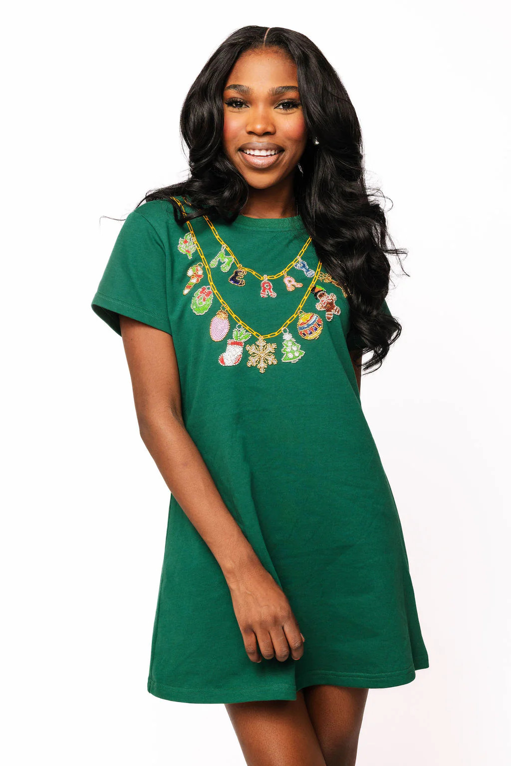 Dark Green Christmas Icons Necklace Tee Dress | Queen of Sparkles