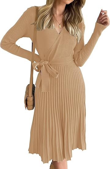 ZESICA Women's 2024 Fall Long Sleeve Wrap V Neck Ribbed Knit Pleated A Line Pullover Sweater Dres... | Amazon (US)